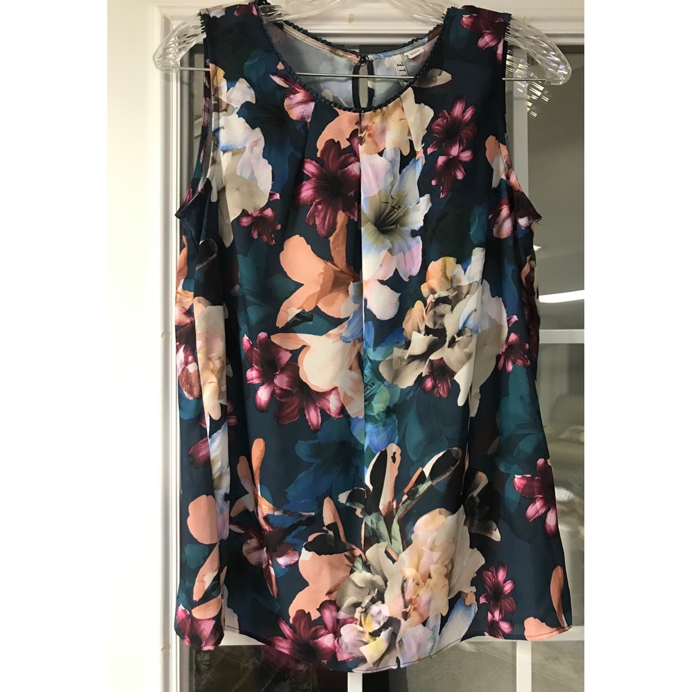 ELLE Floral Sleeveless Top Women Size S Dark Green Pink Blue White